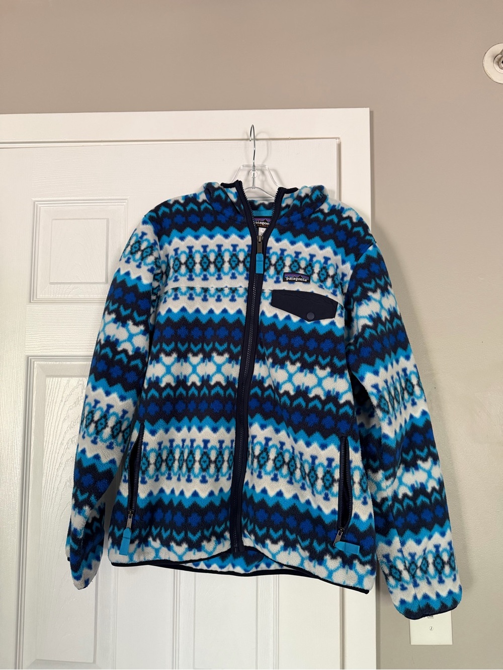Patagonia Synchilla Blue Snow Full Zip Printed Hooded Fleece Jacket